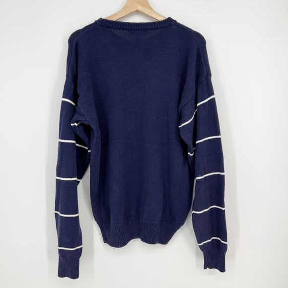 Vtg Parker of Vienna Sweater Crew Neck Cotton Mens L Navy Blue White Nautical - Picture 3 of 7